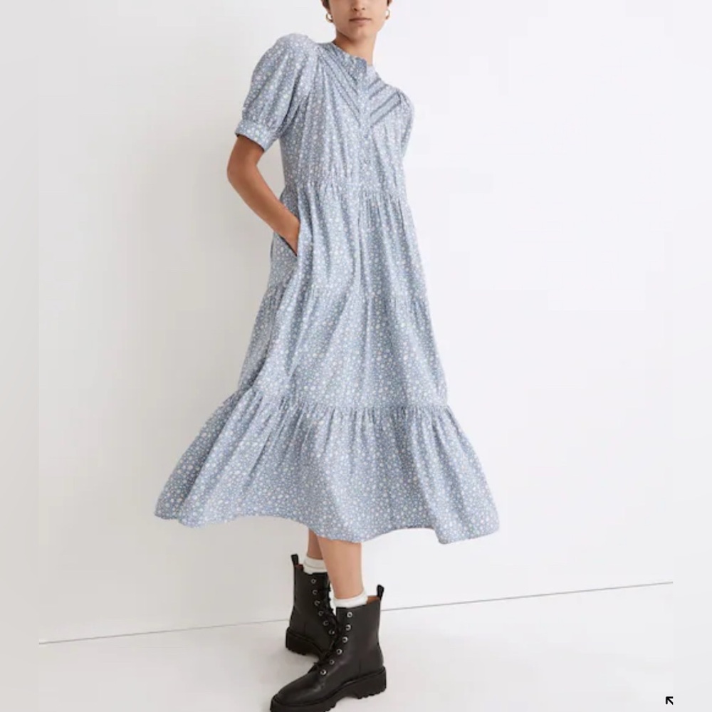 Madewell Embroidered Puff-Sleeve Midi Dress in Cottage Garden Blue XXS